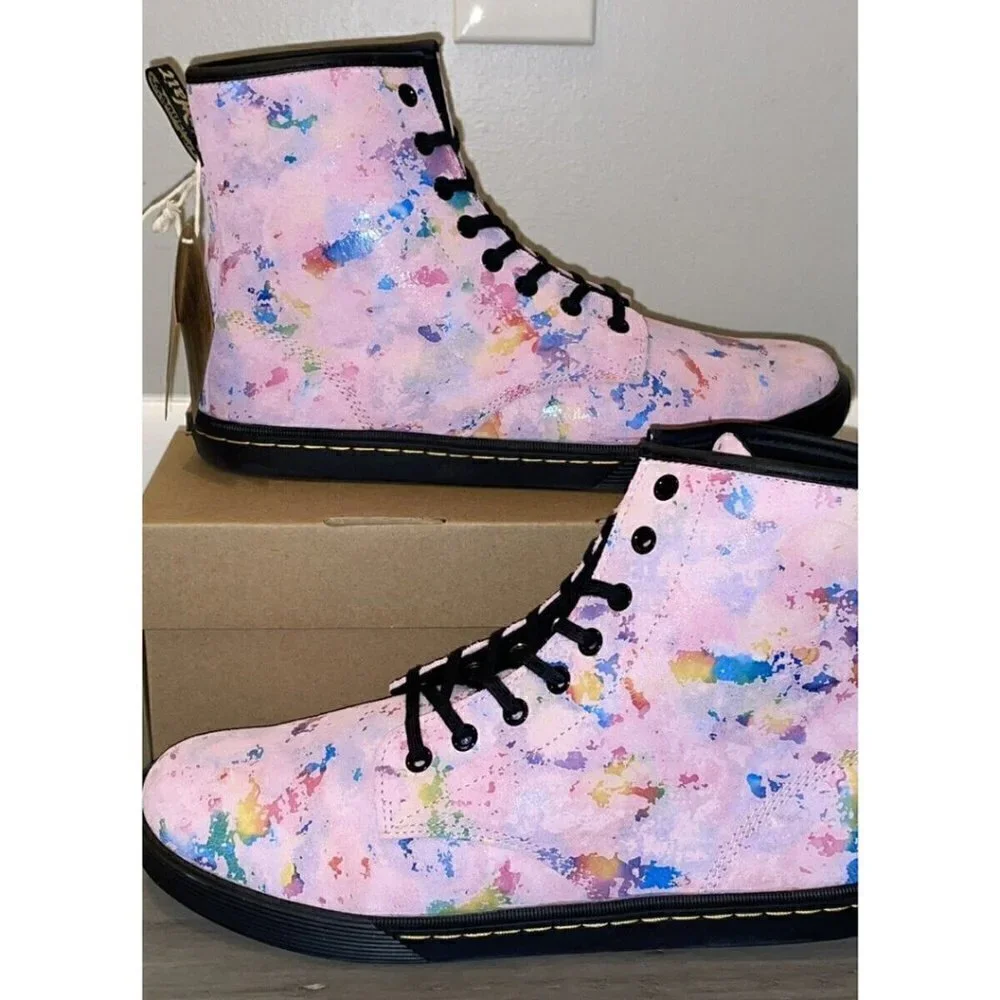 DR. MARTENS Womens Pink Sheridan Rainbow Burst SUEDE LEATHER Boot 6 New in Box